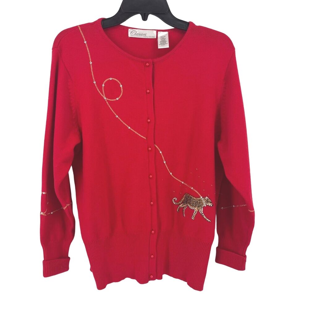 Marisa Christina Leopard Leash Beaded Cardigan Sweater Womens Size Medium Red